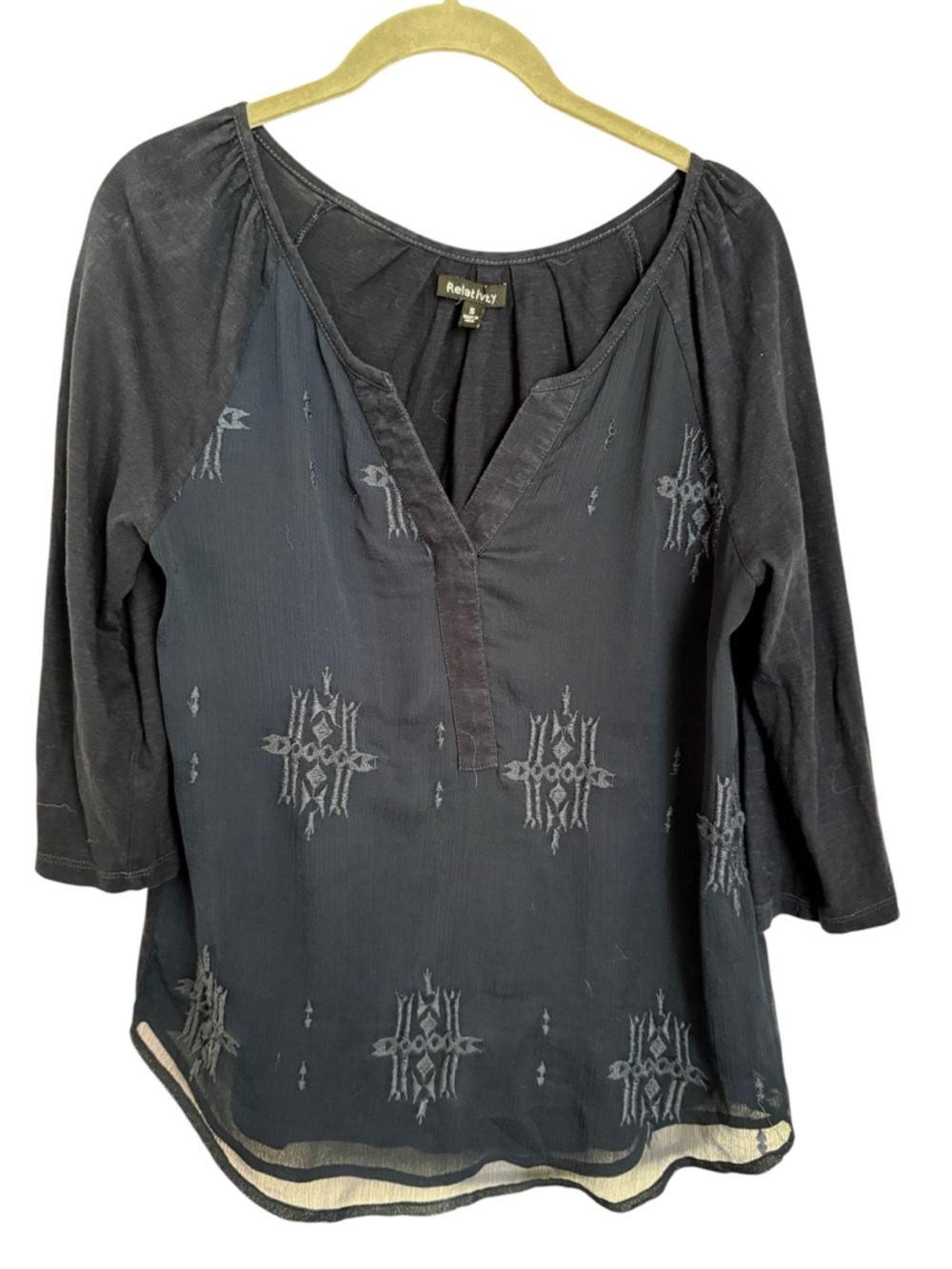 Relativity Boho Embroidered Top | Navy | Size S | V-Neck 3/4 Sleeve